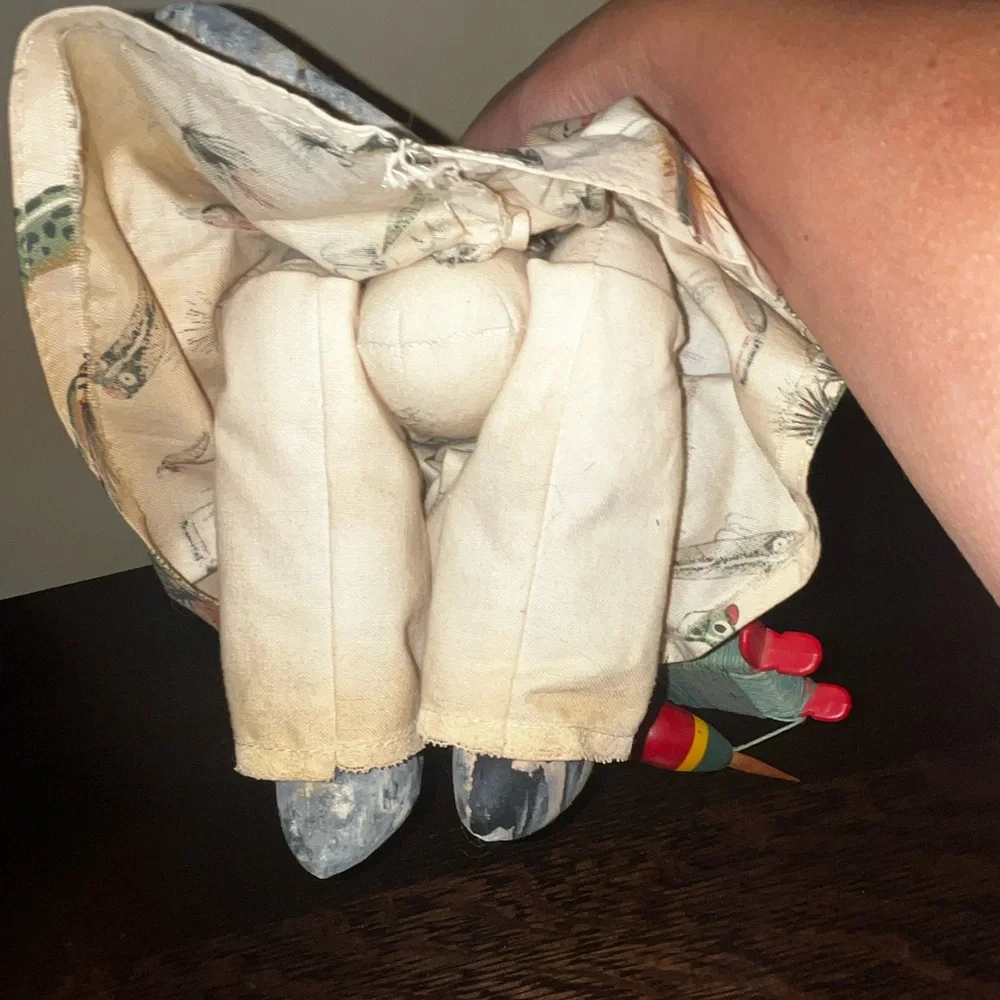 Vintage Folk Art Doll Cat Toy Handmade Fishing Theme - Picture 8 of 11